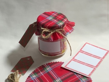 6 x Red tartan includes, bands,  jar label, twine & Tags fit jar lids 53-73mm 