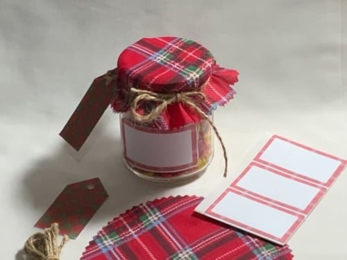 6 x Red tartan includes, bands,  jar label, twine & Tags fit jar lids 53-73