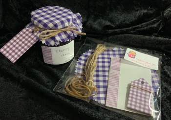 6 x  gingham PURPLE  with matching tags, twine and labels (BUY 3 GET ONE PACK FREE)
