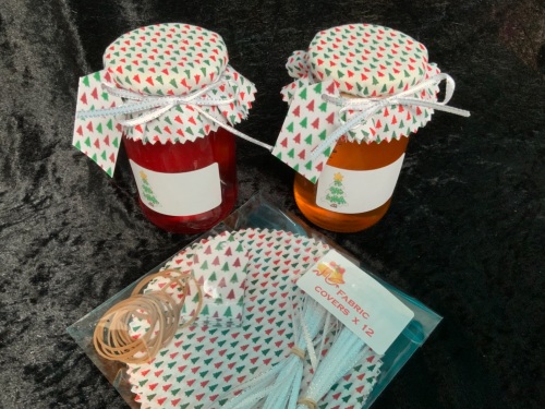 12 x xmas fabric  jar covers includes bands ribbon labels & tags
