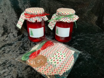 12 x xmas fabric  jar covers includes bands ribbon labels & tags