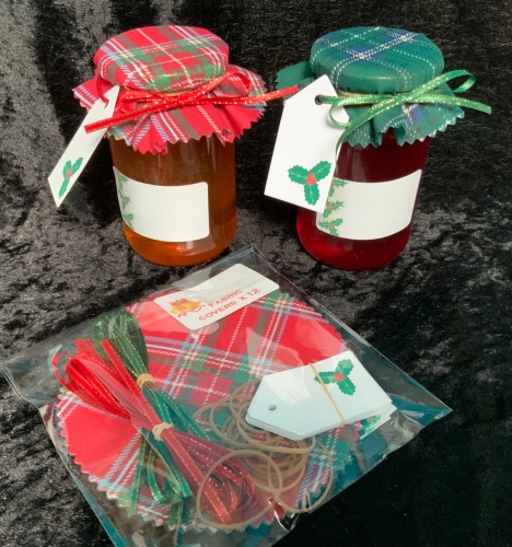 6 x Red tartan includes, bands,  jar label, twine & Tags fit jar lids 53-73