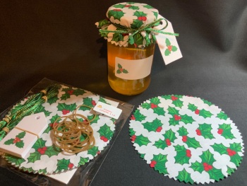 12 x xmas fabric  jar covers includes bands ribbon labels & tags