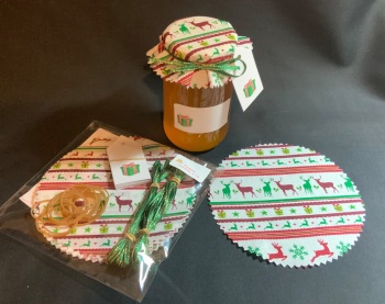 Christmas pack   includes bands glittered ribbon, tags  & sticky jar labels x 12
