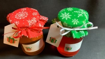 12 x xmas fabric  jar covers includes bands ribbon labels & tags  SNOW 6 of each colour