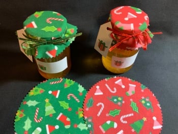 12 x xmas fabric  jar covers includes bands ribbon labels & tags 6 of each colour