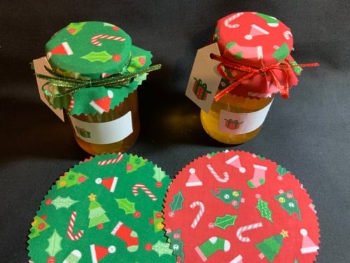 12 x xmas fabric  jar covers includes bands ribbon labels & tags 6 of each 