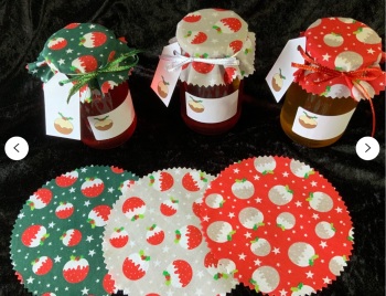18 x xmas fabric  jar covers includes bands ribbon labels & tags 6 of each colour