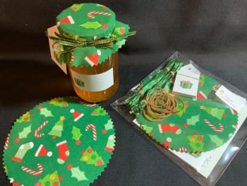 12 x xmas fabric  jar covers includes bands ribbon labels & tags GREEN