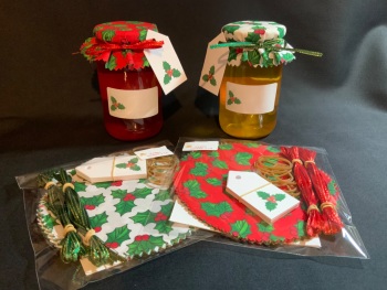 12 x xmas fabric  jar covers includes bands ribbon labels & tags 6 of each colour