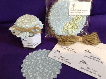 50 x scalloped blue wedding flower  includes bands, labels & twine