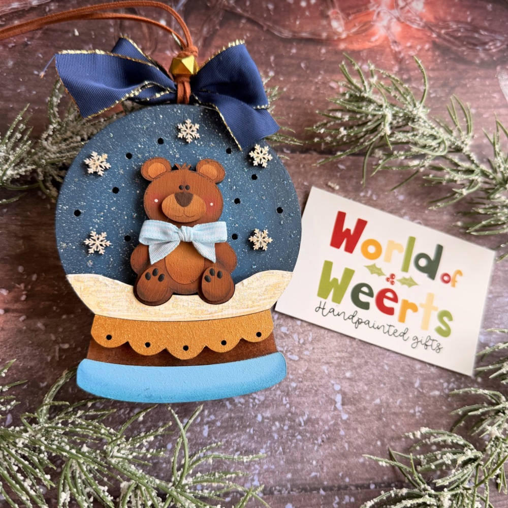 Blue, teddy bear snow globe light up ornament