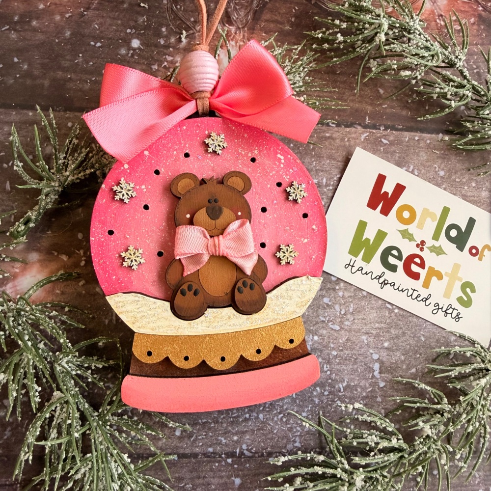 Pink teddy bear snow globe light-up ornament
