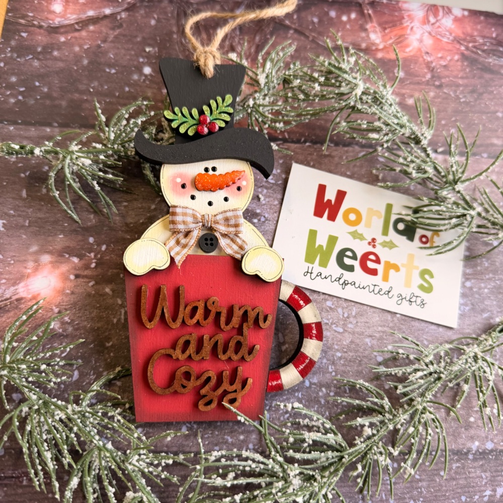 Warm and cosy large snowman mug ornament