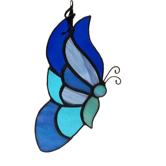 Stained Glass Butterfly Suncatcher in Blue 20 x 10cm