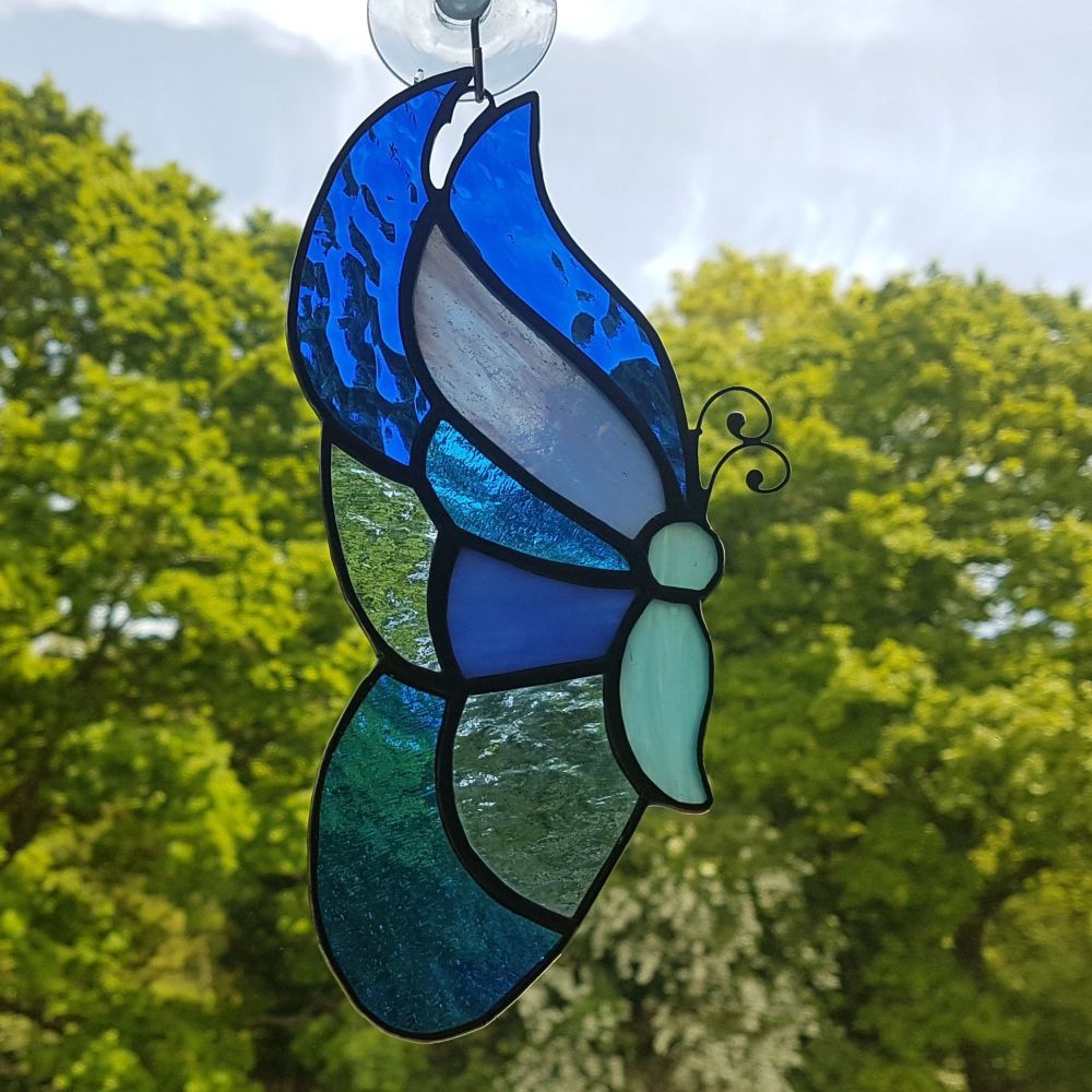 Stained Glass Butterfly Suncatcher in Blue 20 x 10cm