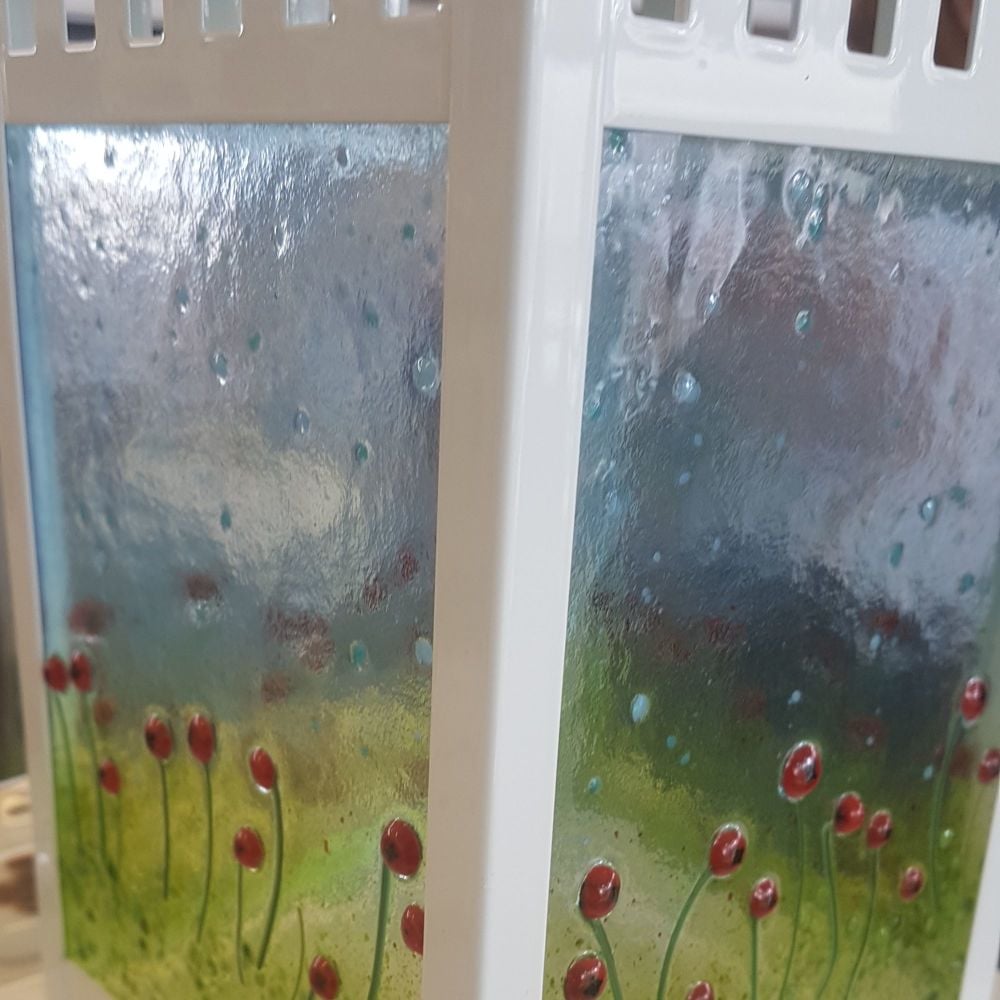 Fused Glass Poppy Meadow White Lantern