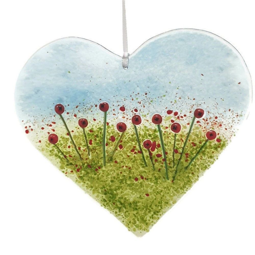 Fused Glass Poppy Heart - 14 x 12 cm