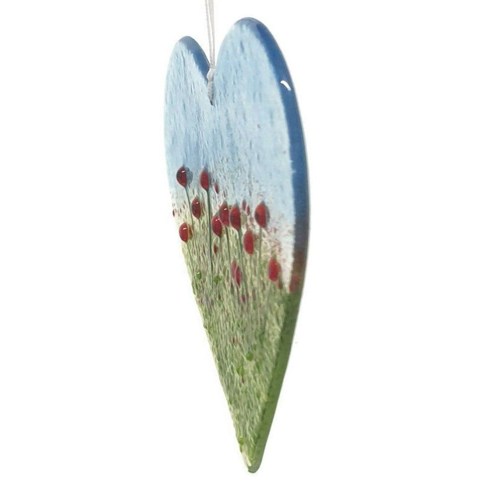 Fused Glass Poppy Heart - 14 x 12 cm
