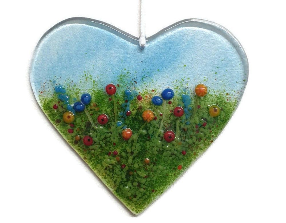 Fused Glass Wildflower Meadow Heart - 14 x 12 cm