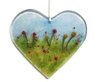 Fused Glass Poppy and Daffodil Heart - 14 x 12 cm