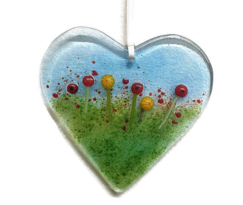 Fused Glass Poppy and Daffodil Heart