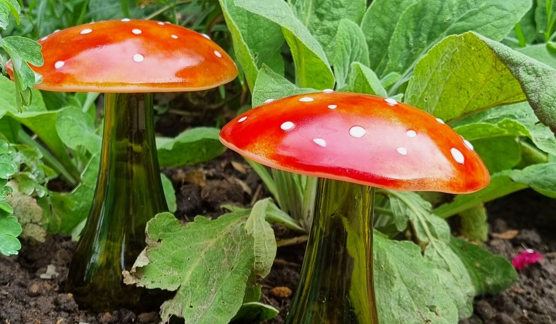 Fused Glass Garden Toadstools with Reclycled Wine Bottle Base