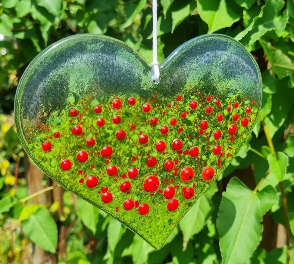 Fused Glass Poppy Field Heart - 14 x 12 cm