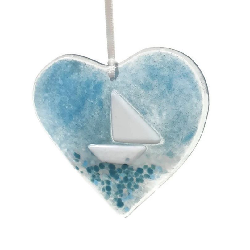 Fused Glass Sailing Boat Heart - 14 x 12 cm