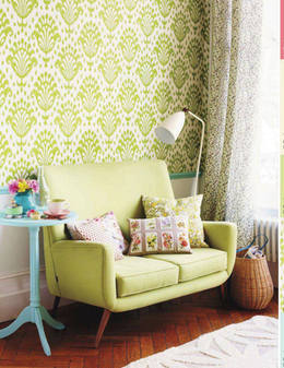 Easter 14 Room: Bright Green Wallpaper and sofa