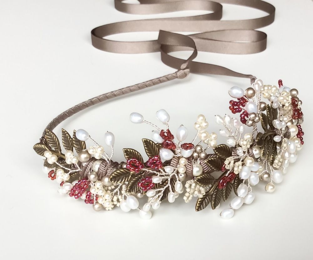 Autumn leaves and berry headdress in Antique Bronze, Silver and Red 