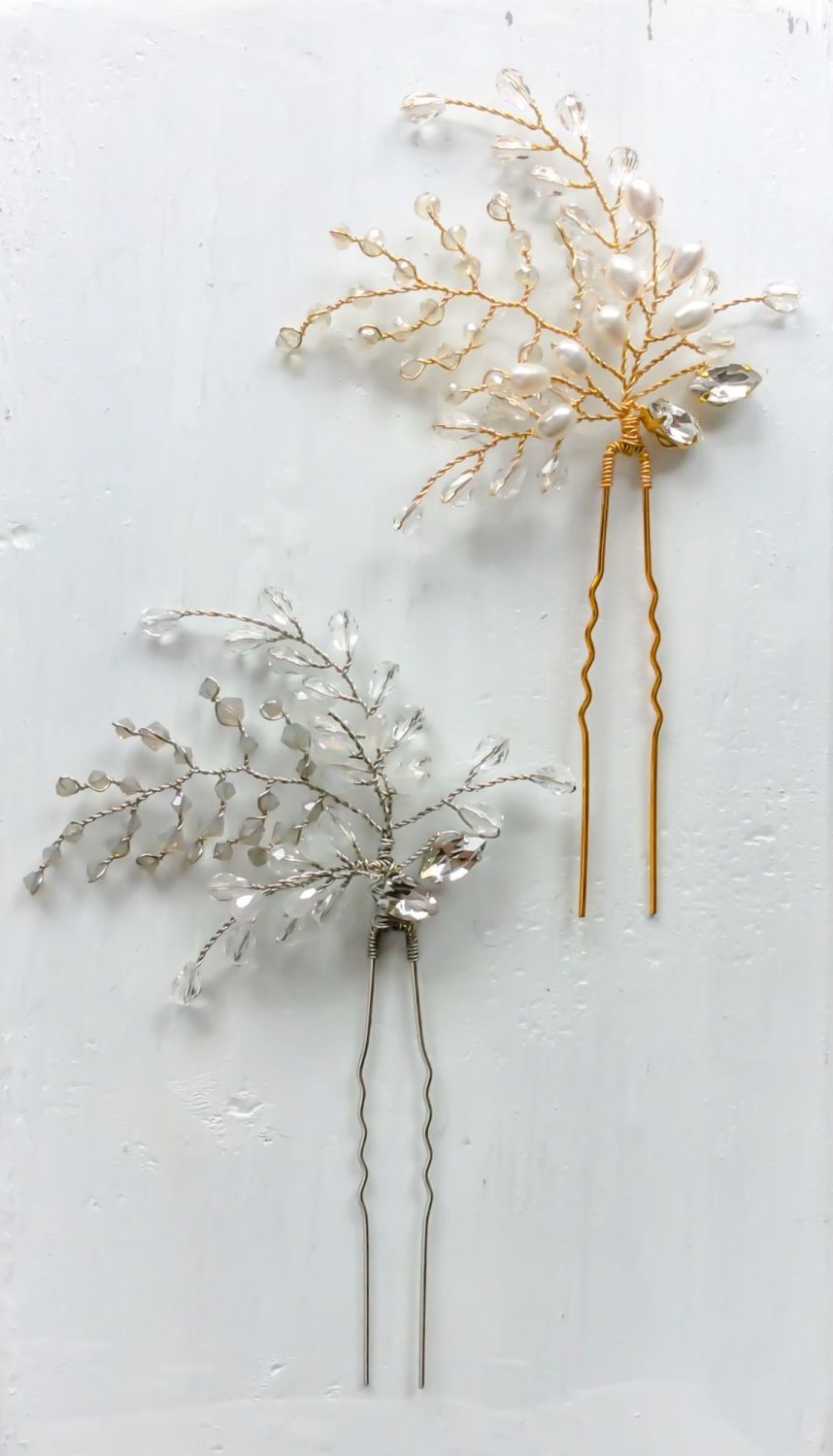 Fern jewelled hairpins in silver and gold