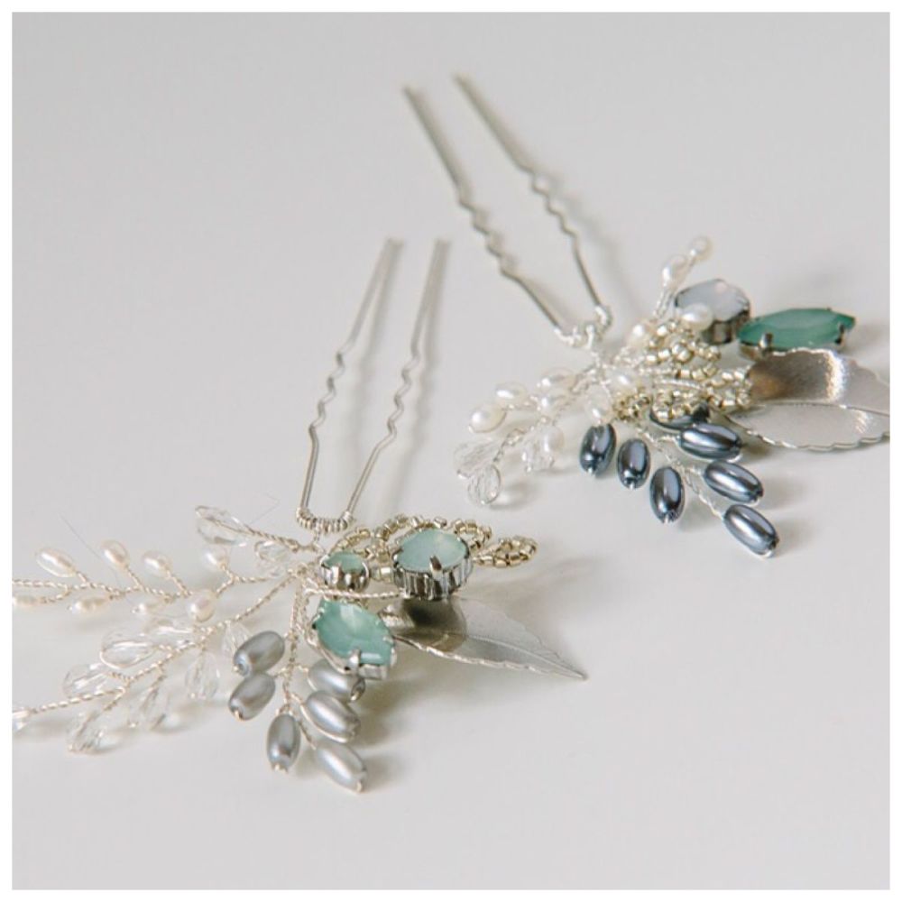 Antique Silver and Soft Green Hair Pins 