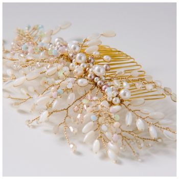 Large Statement Gold, Mother of Pearls and Pastel Crystal Comb