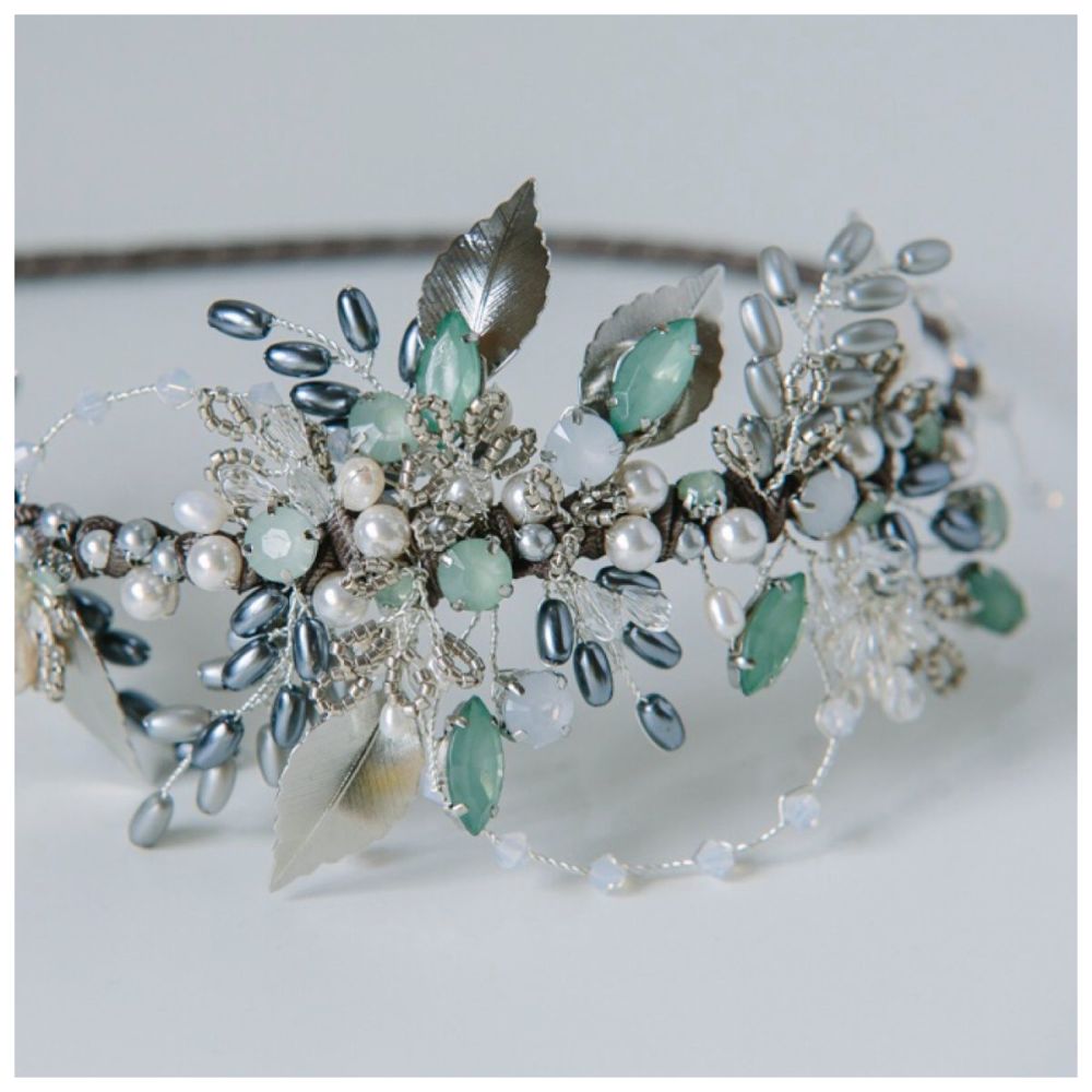 Antique Silver and Soft Green Leaf headdress