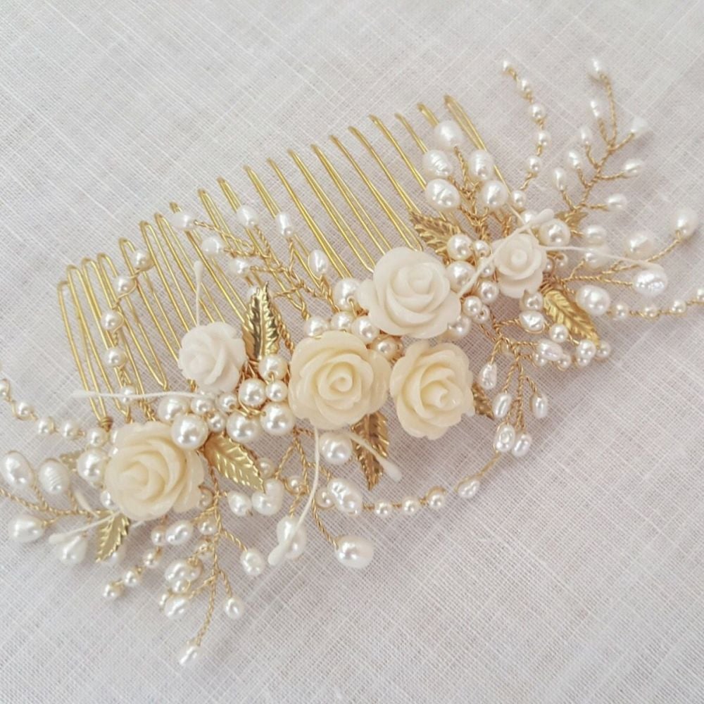 Tiny Rose Leaf and Pearl Bridal hair comb