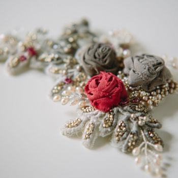 FRAGILE SILK ROSES | Crimson and Grey Silk Roses Bridal Headpiece