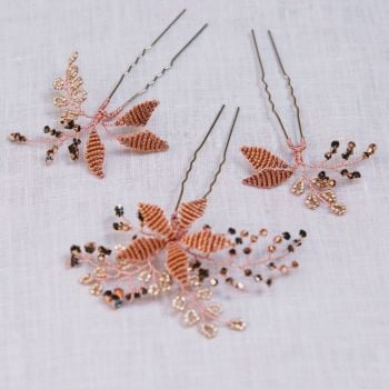 Copper and Rose Gold Floral Hair Pin Set (three pin set)