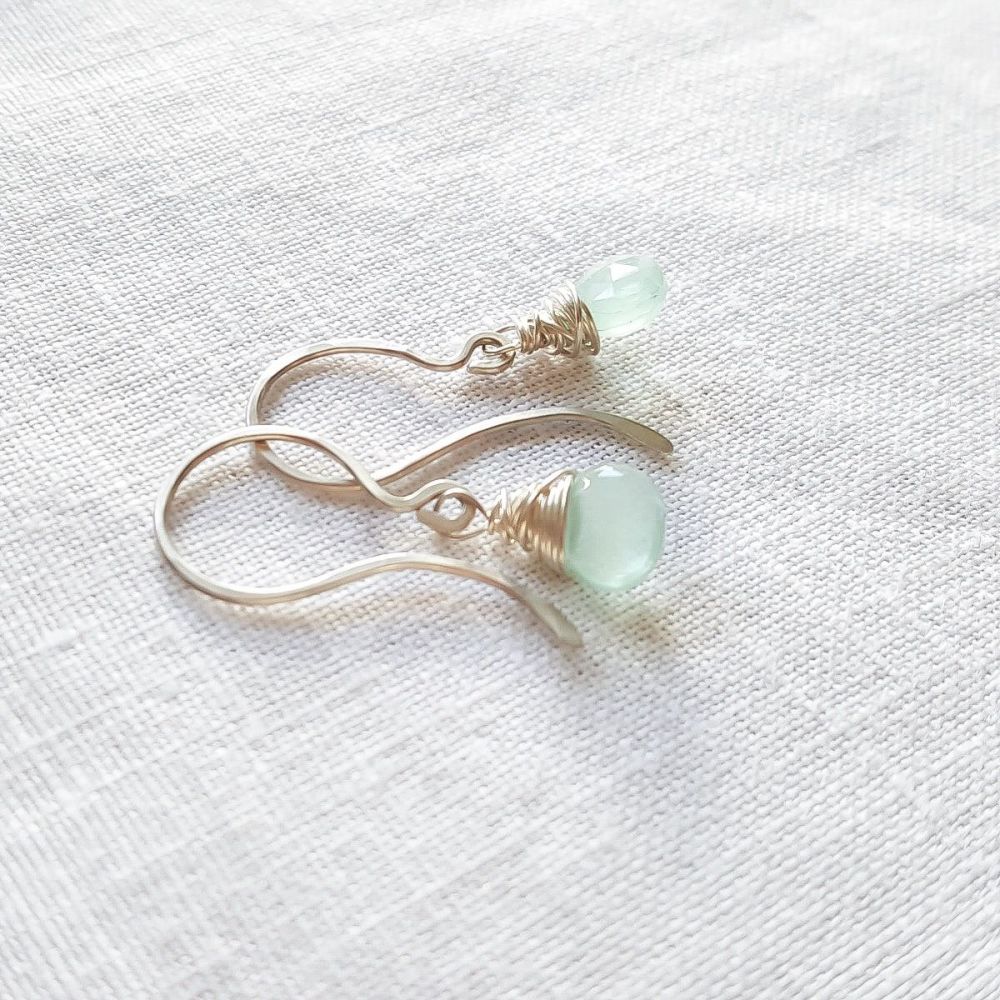 Sterling Silver Wire Wrapped Aqua Blue Chalcedony Earrings