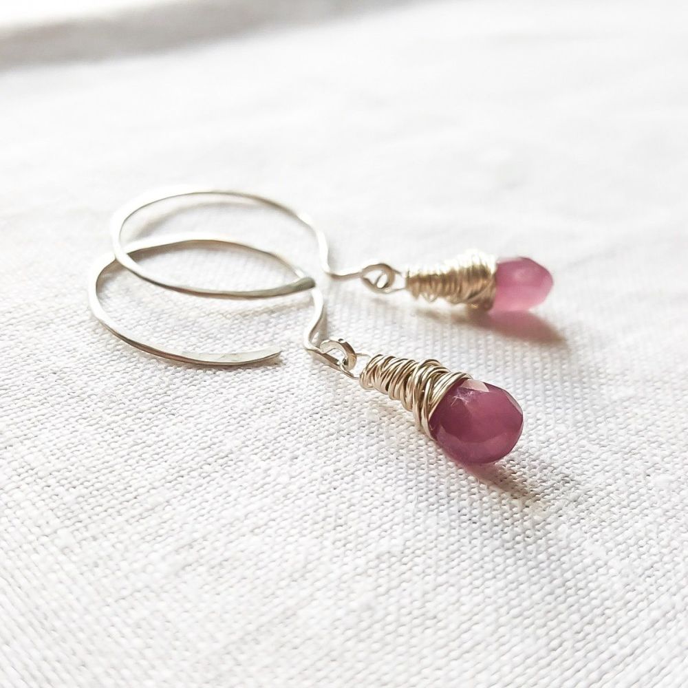 Sterling Silver Wire Wrapped Pink Sapphire Earrings 