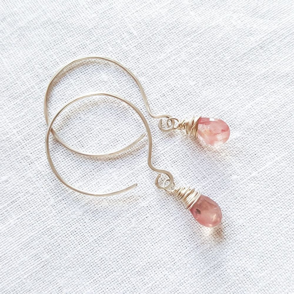 Sterling Silver Wire Wrapped Golden Pink Sapphire Earrings 