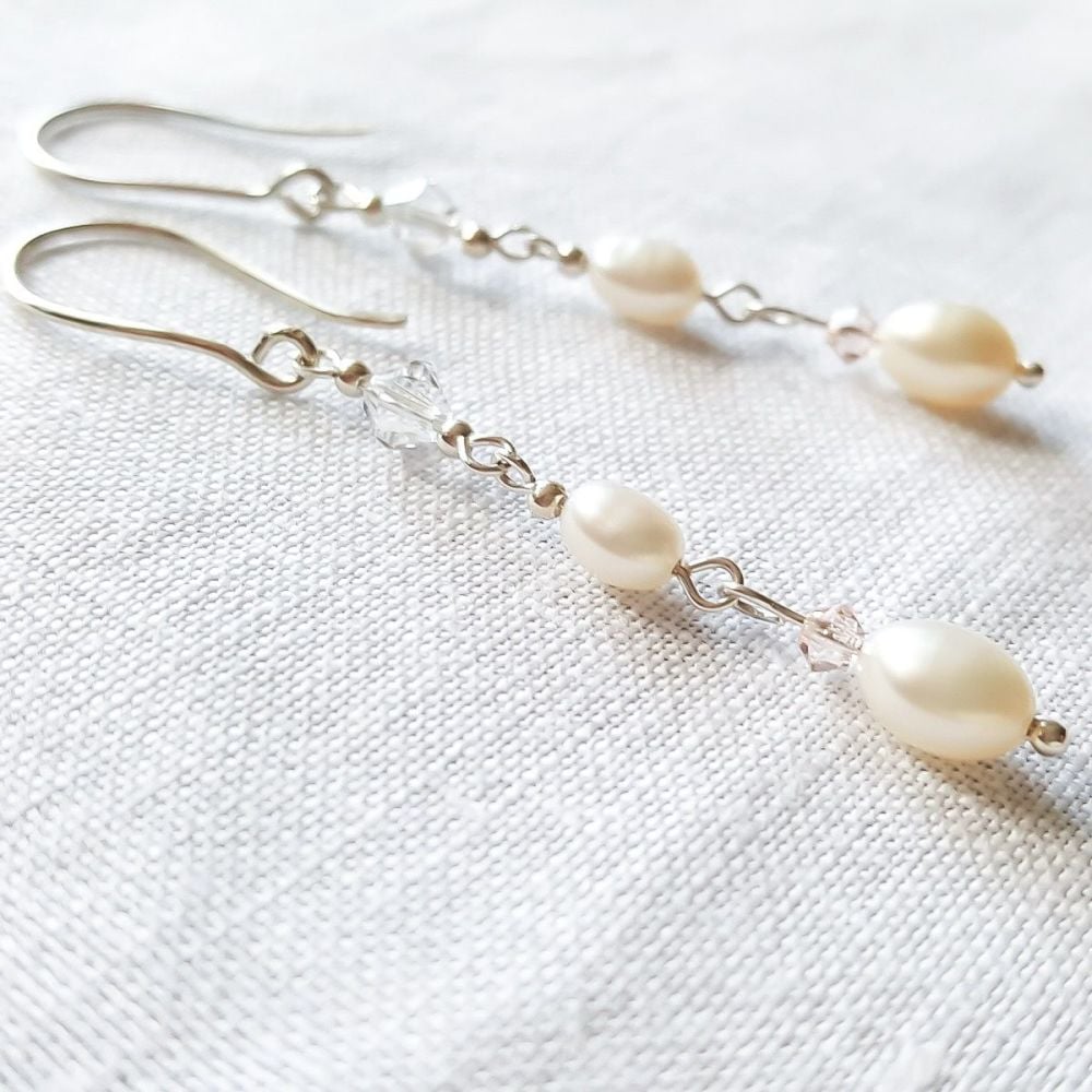 Pearl and Crystal Long Dangle Earrings
