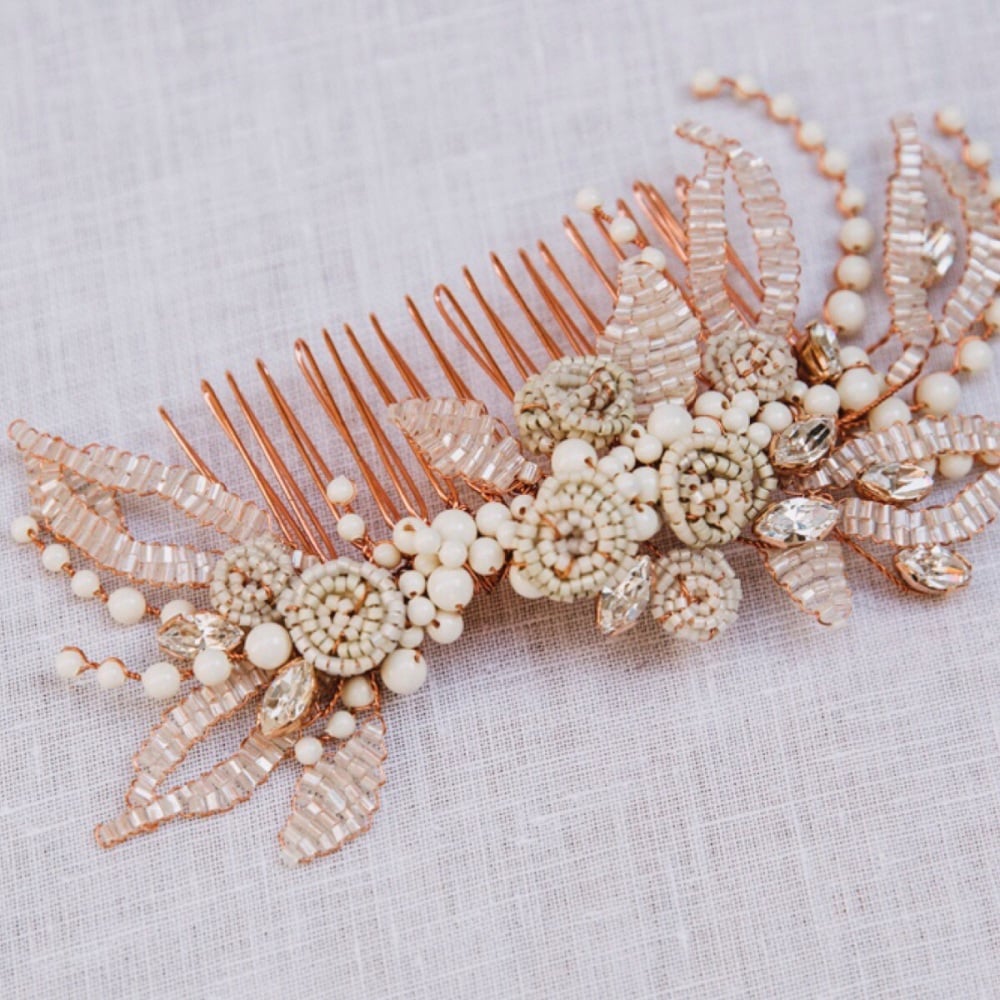 Autumnal Copper and Ivory Beaded Roses and Leaves Comb 