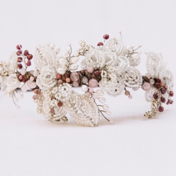 PRECIOUS RUBY | French beaded leaves and Rose Quartz and Ruby Bridal Headdress 