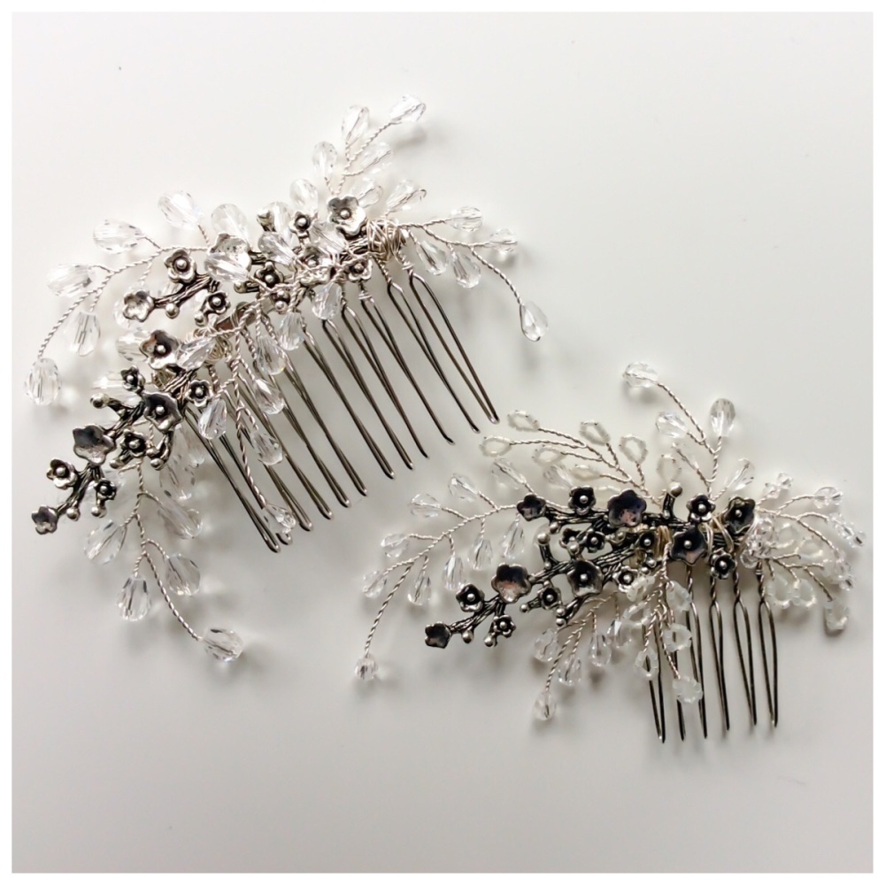 Pair of Crystal Floral Antique Silver Combs