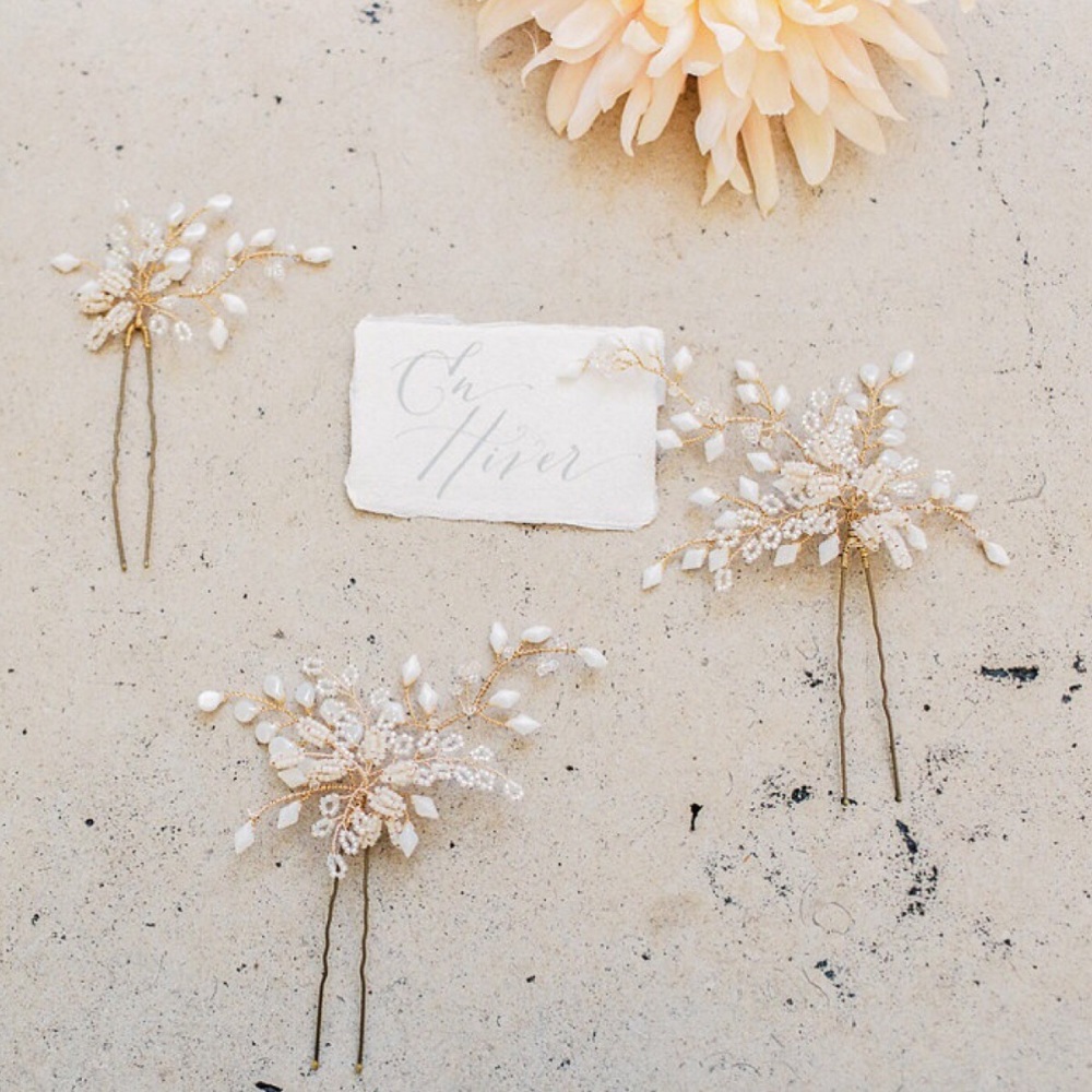 EN HIVER | Elaborately beaded Crystal Floral Bridal Hair Pin Set 