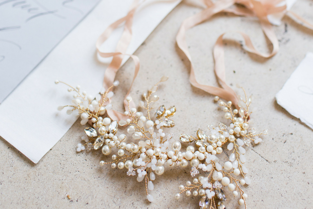 vintage inspired asymmetrical pearl and diamante crystal wedding headpiece