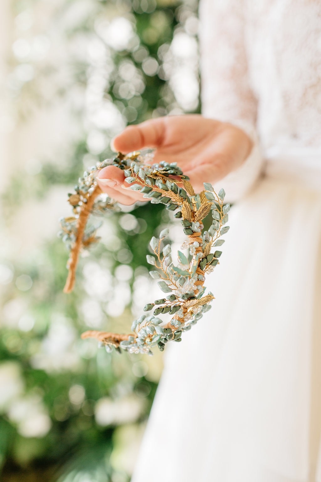 Viridana statement gold and green wedding headdress