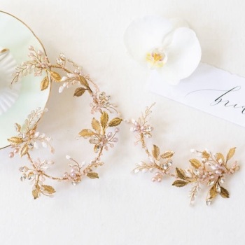 DELPHINII | Gold and Blush Pink Wedding Headpiece and Hair Vine 