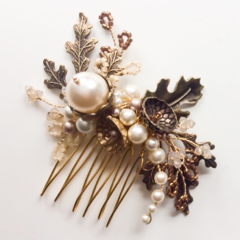 AUBREY | Ornate Oak Leaves, Pearl and Crystal Mini Wedding Hair Comb 